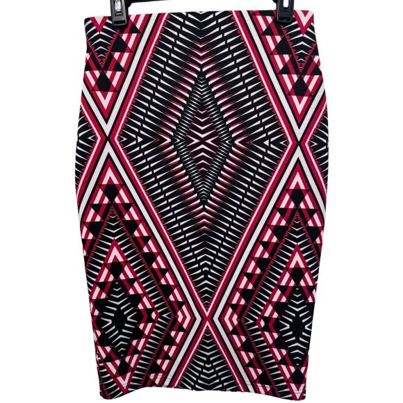 Sequin Hearts Pencil Skirt Black Red White Geometric Pattern Stretch Waist Med. - Picture 1 of 3